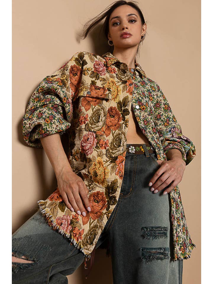 ORANGE MULTI Vintage wash floral pattern jacquard shacket for wholesale on Faire