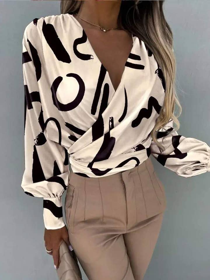 abstract print lantern sleeve ruched wrap top for wholesale by Fashion Combination