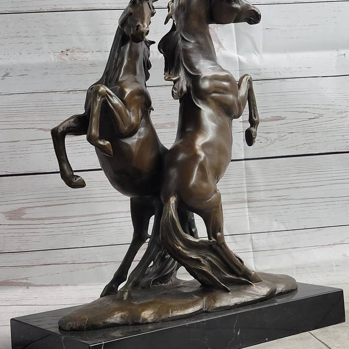 Bronzhaus - Wholesale Sculpture - Two Rearing Stallions Horses Bronze Sculpture Statue Horse Lover Decor Signed Art on Marble Base2