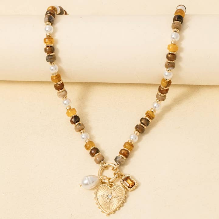 Pearl And Heart Pendants Acetate Beaded Necklace for wholesale by Anarchy Street