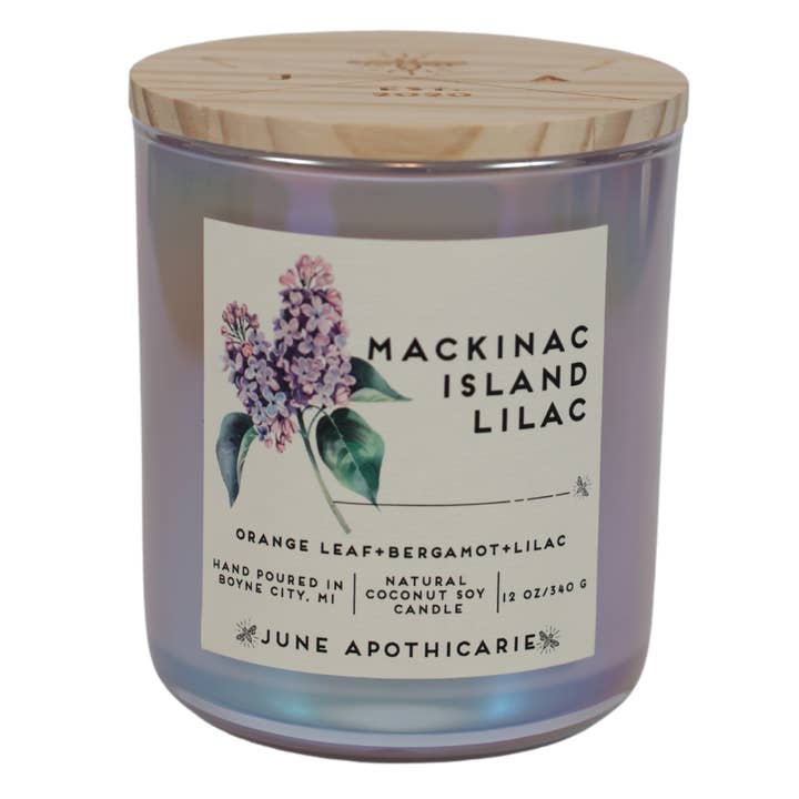 June Apothicarie - Wholesale Jar/Filled Candle - Mackinac Island Lilac 12 oz Glass Wooden Wick Candle