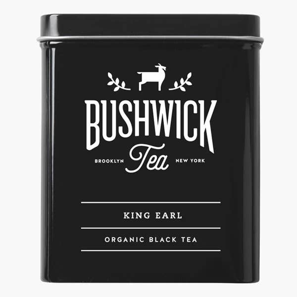 Boîte en fer blanc King Earl avec 15 sachets emballés individuellement pour la vente par Bushwick Teas