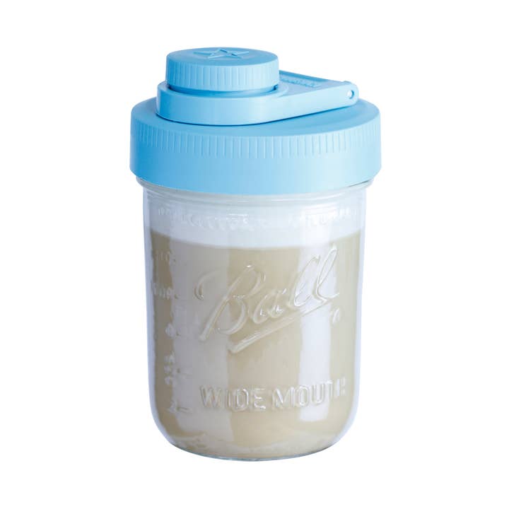 Glass Creamer Jar with Pouring Lid, 1 Pint (16 oz) Wide Mouth Azure Standard Mason Jar with Teal Pour Lid, for Milk, Sugar, and Cream, 1-Pack for wholesale by Brewing America