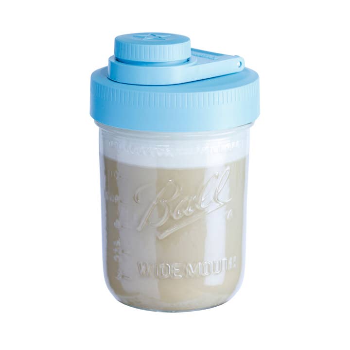 Glass Creamer Jar with Pouring Lid, 1 Pint (16 oz) Wide Mouth Azure Standard Mason Jar with Teal Pour Lid, for Milk, Sugar, and Cream, 1-Pack for wholesale by Brewing America