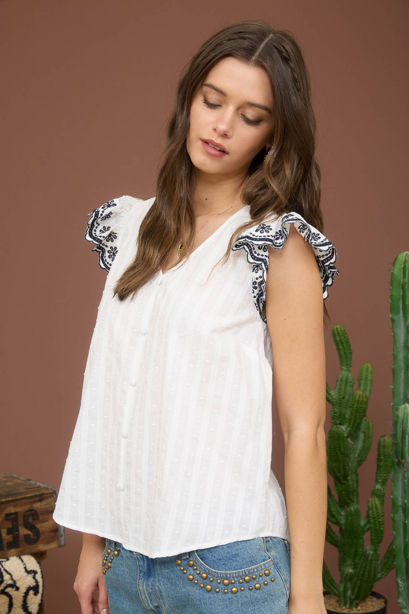 Blu Pepper – wholesale Blouse – Women’s – STRIPE CLIP DOT CONTRAST FLORAL SLEEVE BLOUSE13