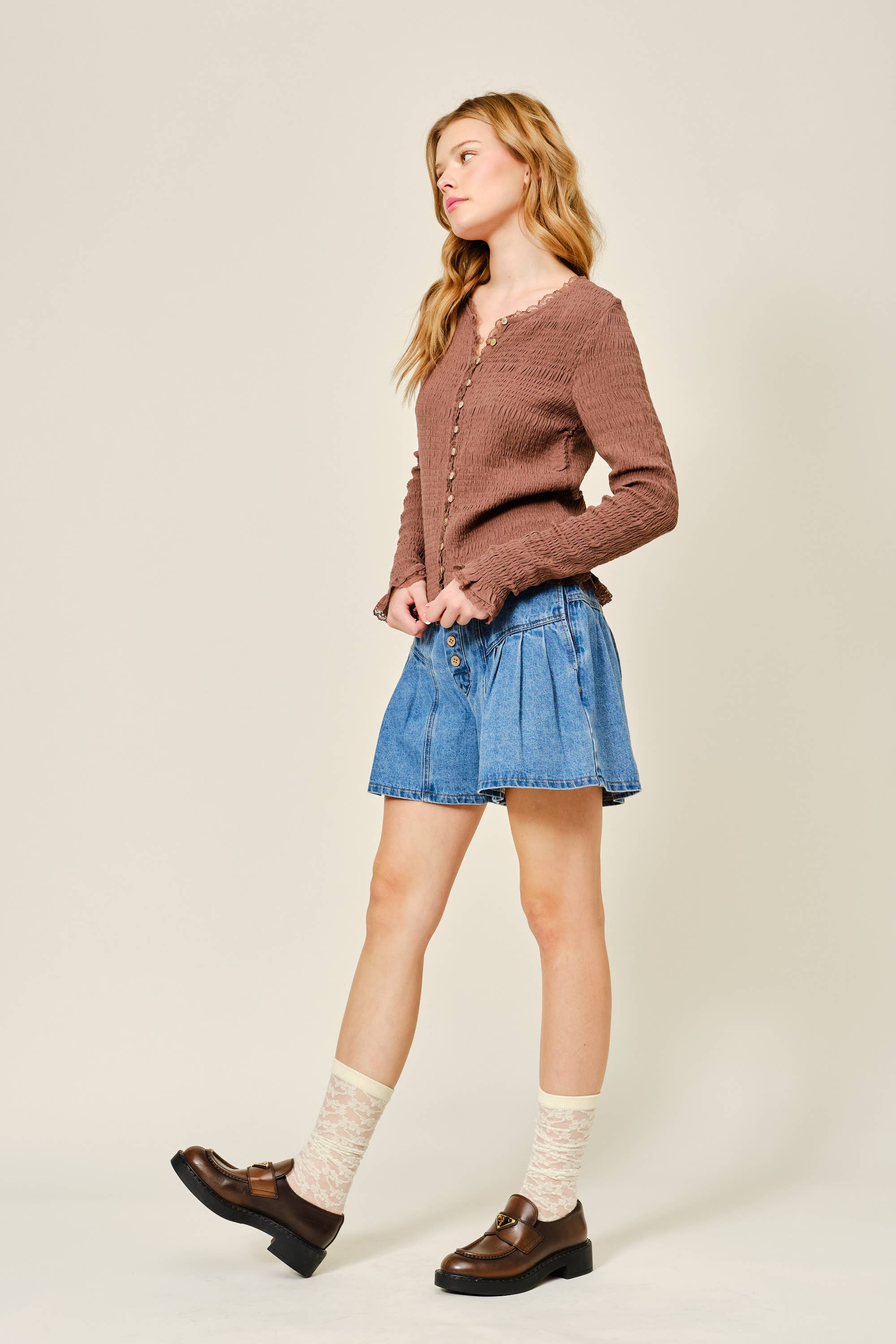 Aaron & Amber - Wholesale Knit Top - Women's - AJT5485 FULL SMOCKED BUTTON DOWN TOP WITH LACE EDGE11