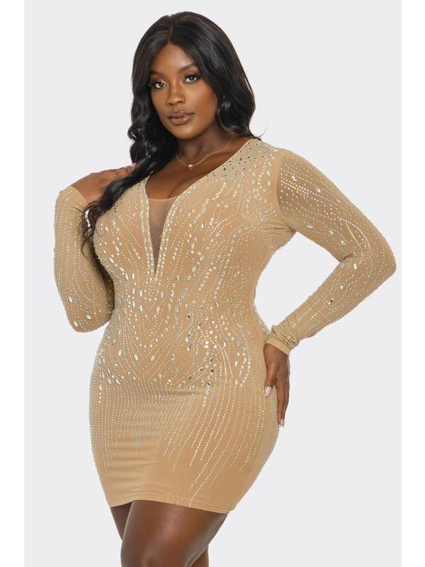Desnudo Vestido ajustado con adornos de pedrería talla grande BCCDS63053 de venta al por mayor en Faire1