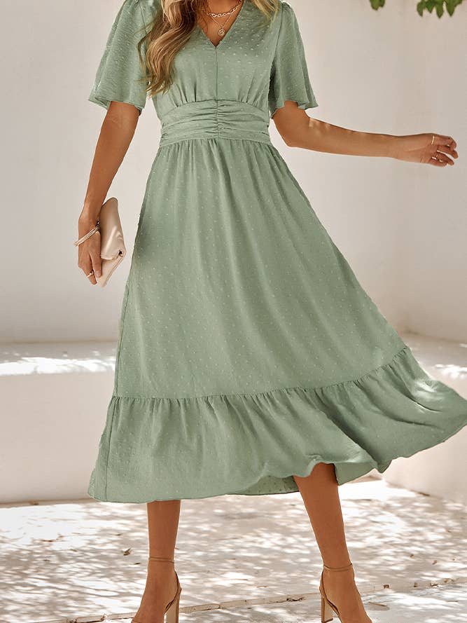 UNISHE - Wholesale Dress - Women's - Swiss Dot V Neck Ruffle Sleeves Dress SN1608