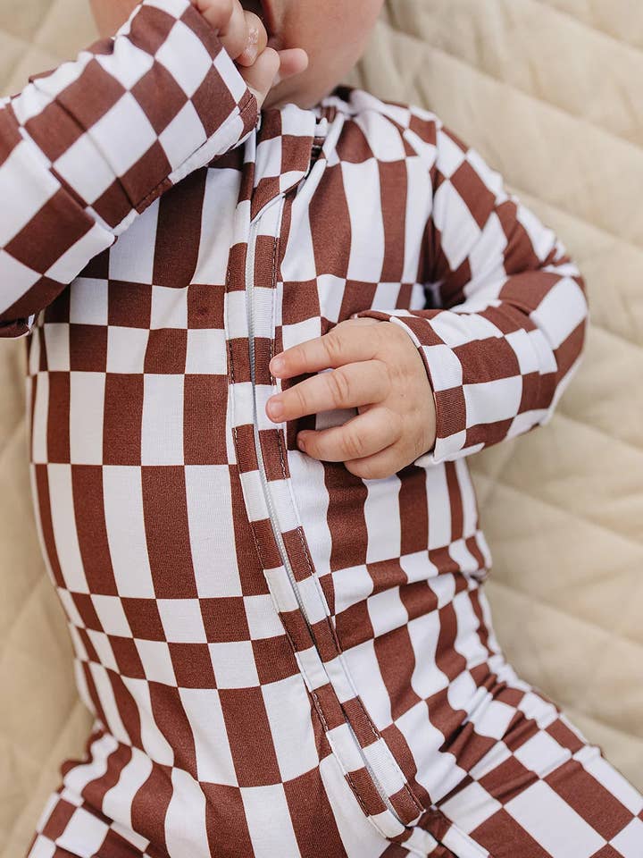 Bamboo Zip Romper | Chocolate Checkered for wholesale by Lucky Panda Kids