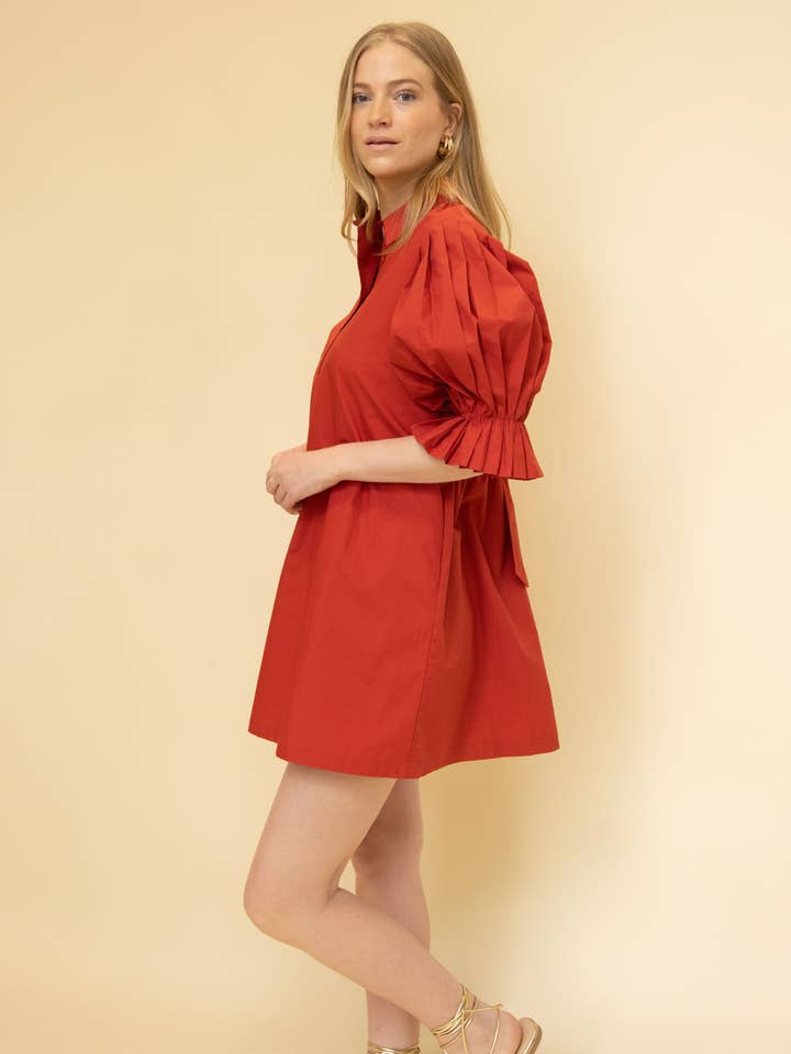 Cherry Red Poplin Pleated Sleeve Shirt Dress for wholesale on Faire0