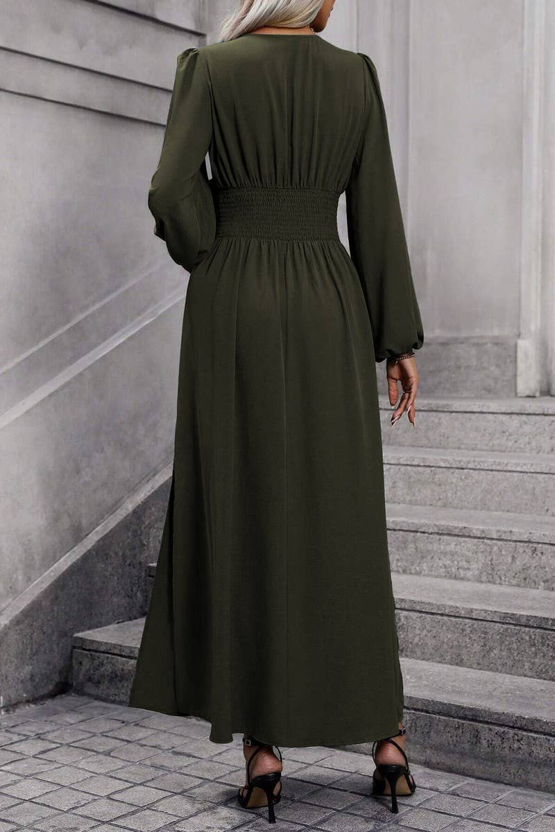 NINEXIS - Wholesale Dress - Women's - CWDMD3950_V-NECK LANTERN SLEEVES HIGH SLIT DRESS10