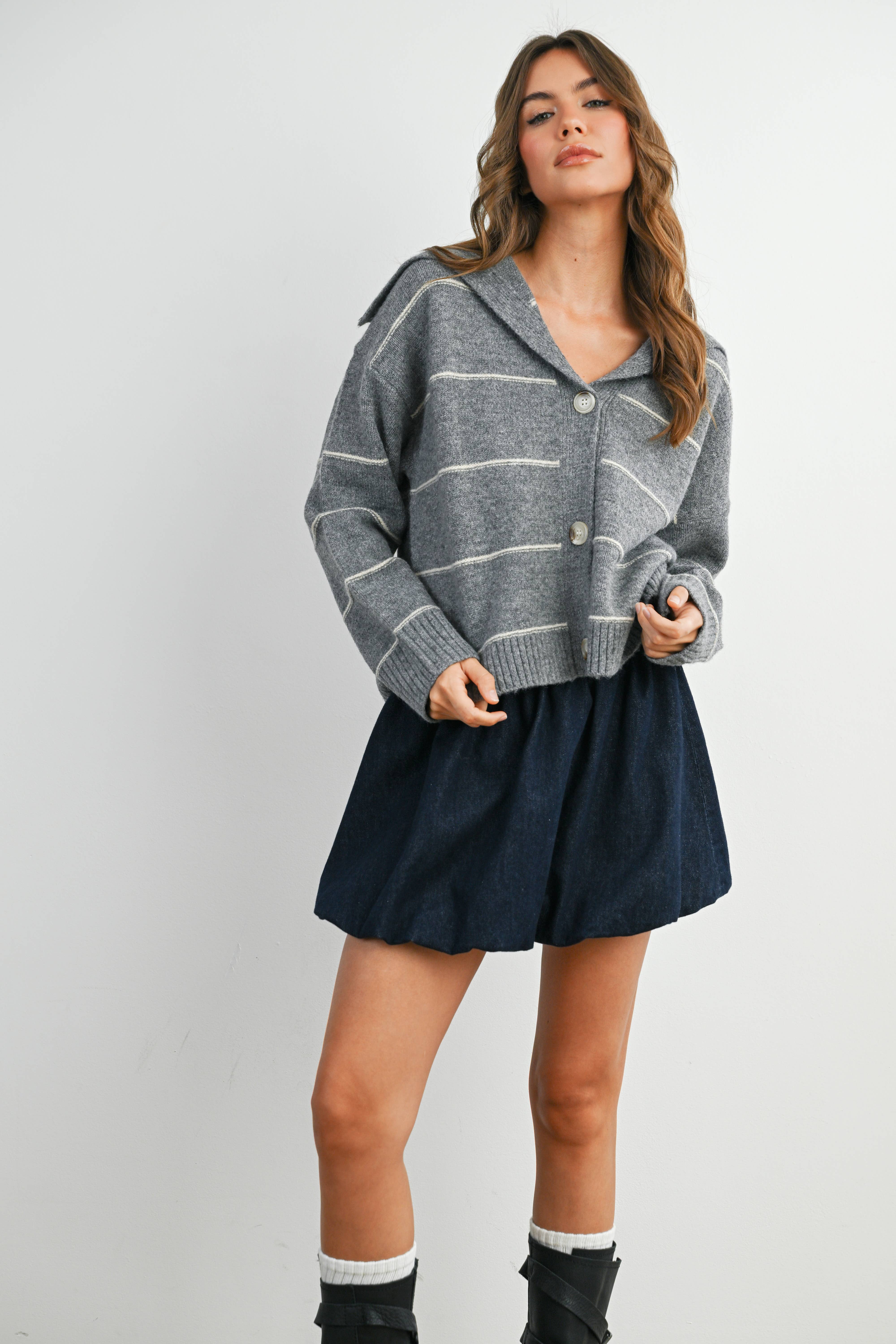 BUTTERMELON - Wholesale Knit Sweater - Women's - Button-Up Striped Collared Long Sleeve Top - BMC788315