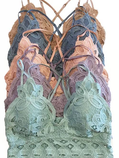 Women's Cross Strap & Stretchy Smocked Back Crochet Lace Bralette Pad Bra  Top
