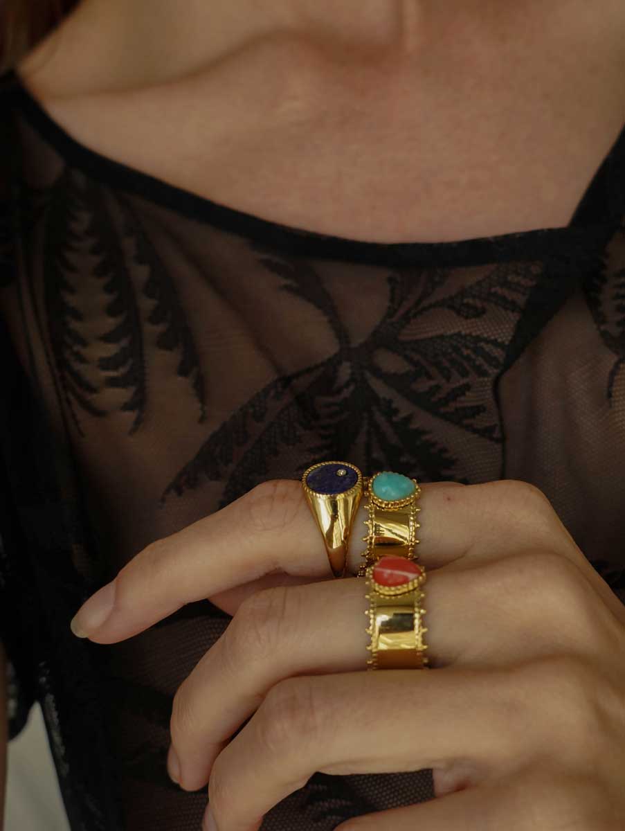 Bijoux 7bis - Vente Bague de cocktail/de cérémonie - Bague Acier Anneau Large Dentelé Pierre6