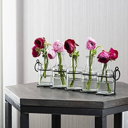 Florero de vidrio de 5 piezas con soporte de metal, los mejores jarrones para flores, juego para decoración del hogar, decoración de bodas, decoración de mesa, cocina, baño, dormitorio, decoración de estantería, el mejor jarrón moderno para arreglos florales. para venta al por mayor de Le'raze