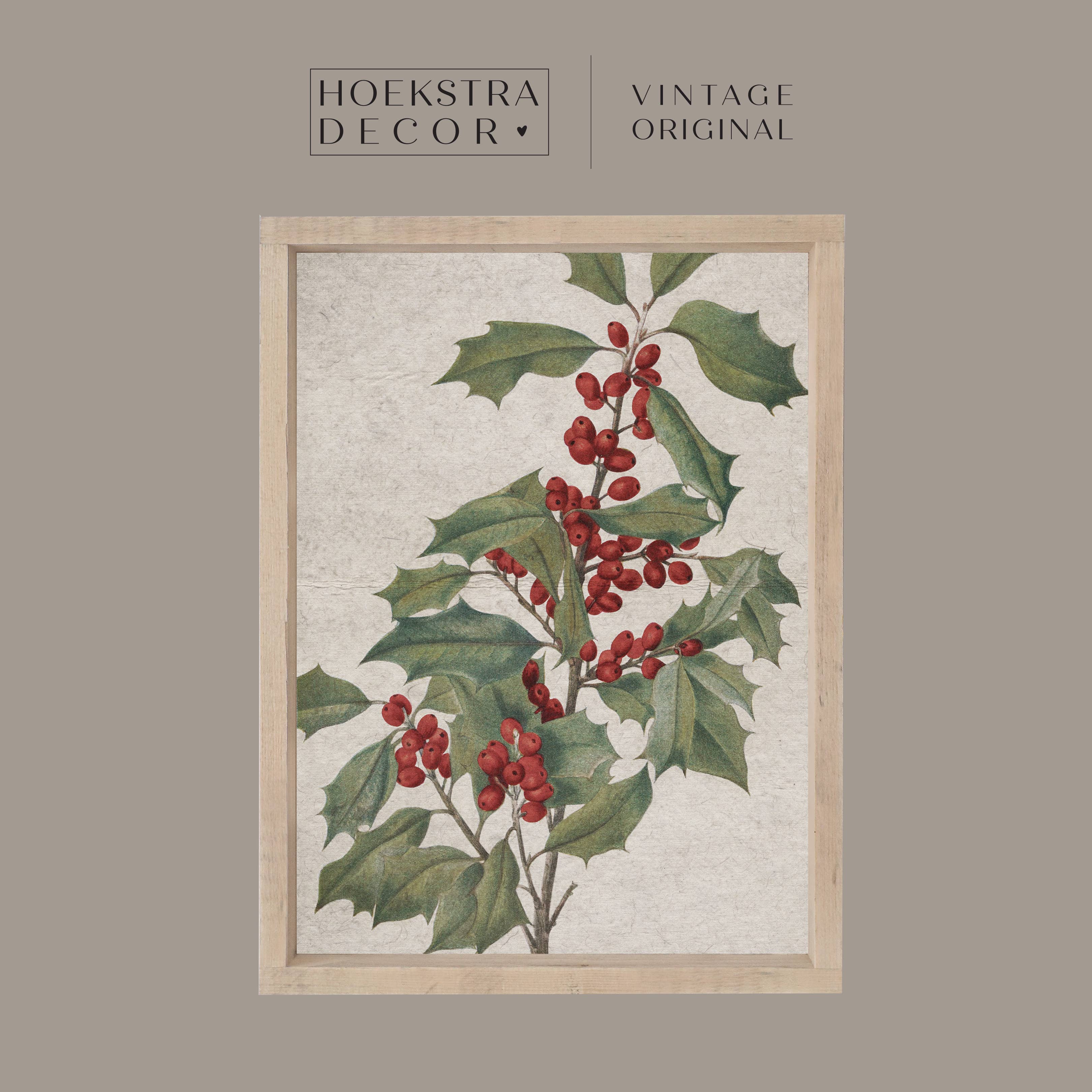 Hoekstra Decor - Wholesale Art Print - Vintage Christmas Holly| Vintage Framed Wood Sign A2500