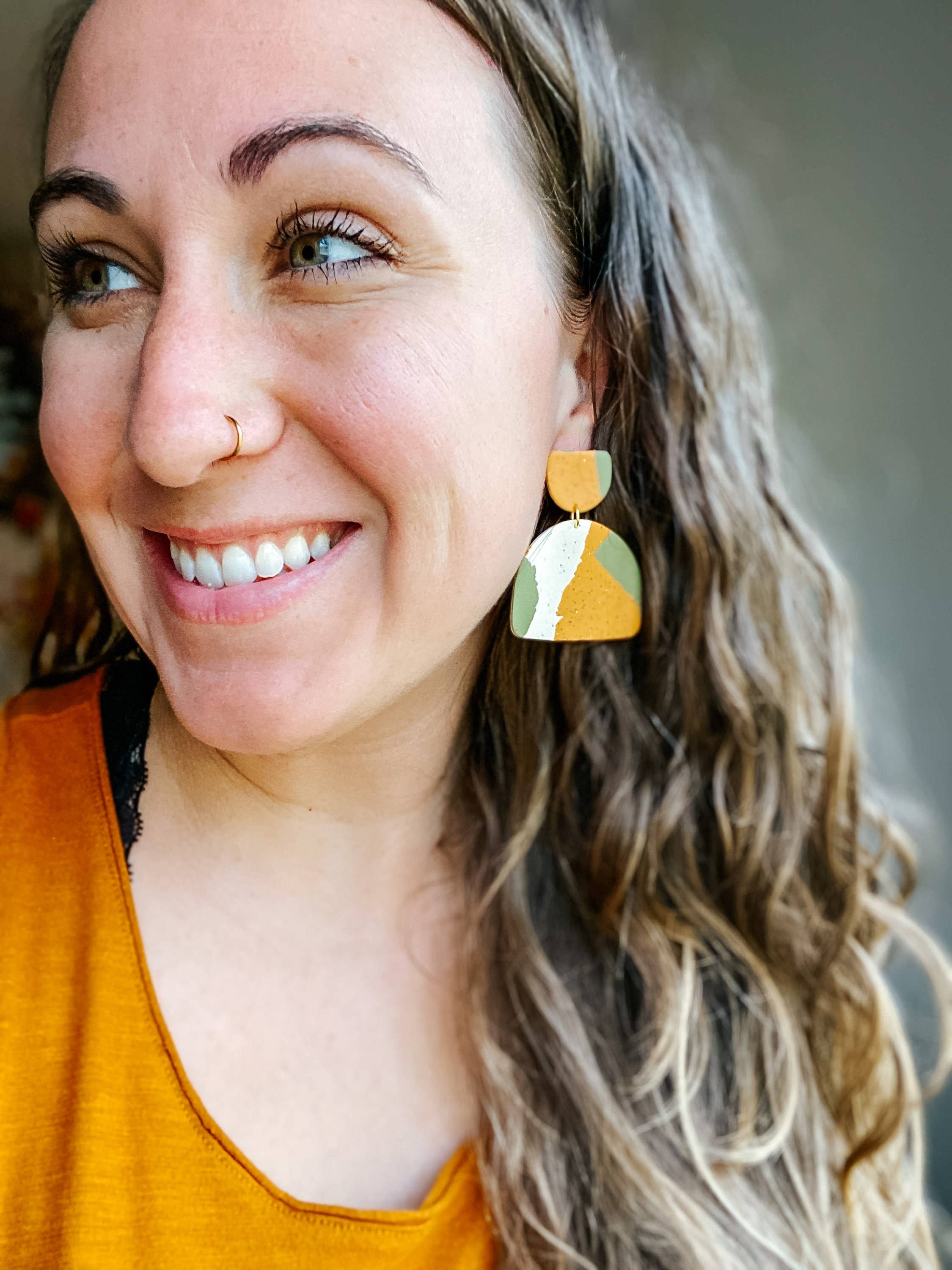 Lauren Likes Art - Wholesale Dangle Earrings - Olive Green Mustard Yellow Abstract Earrings, Big Dangle Earrings, Gift for Women, Statement Earring, Earth Tone Jewelry, Beige Taupe Ombre1