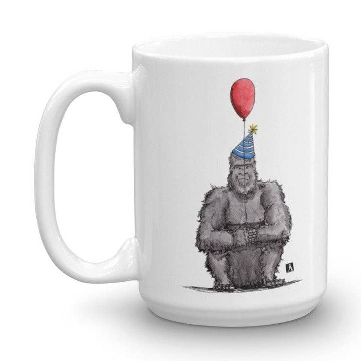 White Coffee Mug With Grumpy Birthday Gorilla And Balloon for wholesale by Bellavance Ink