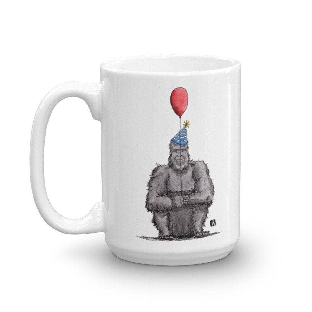 Bellavance Ink - Wholesale Coffee Mug - White Coffee Mug With Grumpy Birthday Gorilla And Balloon