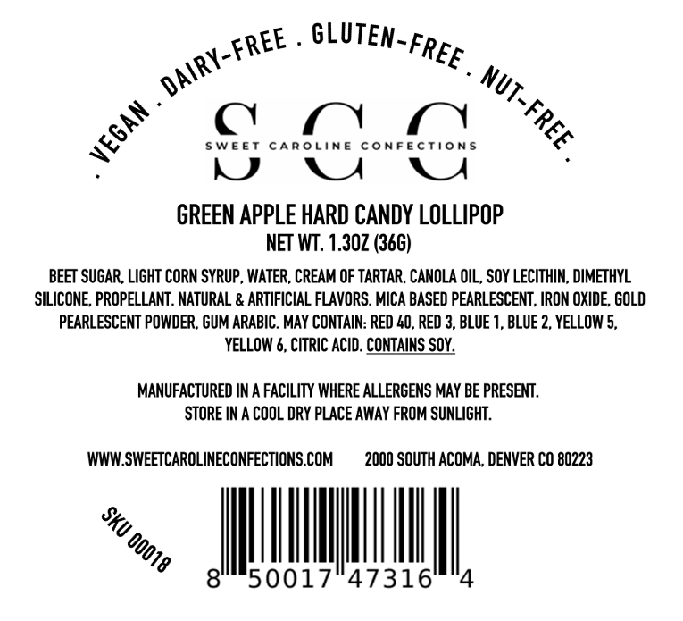 Sweet Caroline Confections - Wholesale Lollipop - Teal and Gold Sparkle Lollipops, Green Apple, 10/Case -VEGAN3