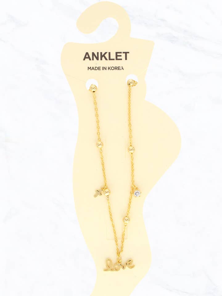 Cavigliera alla moda con amore, croce, strass. per la vendita all'ingrosso da parte di Suzie Q USA