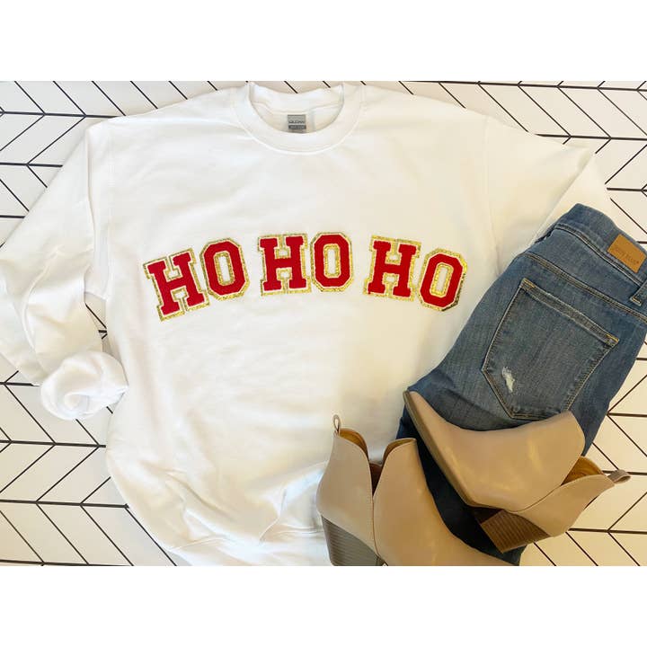 Ho Ho Ho Glitter Patch Tee/Sweatshirt for wholesale by Simply Blush Wholesale