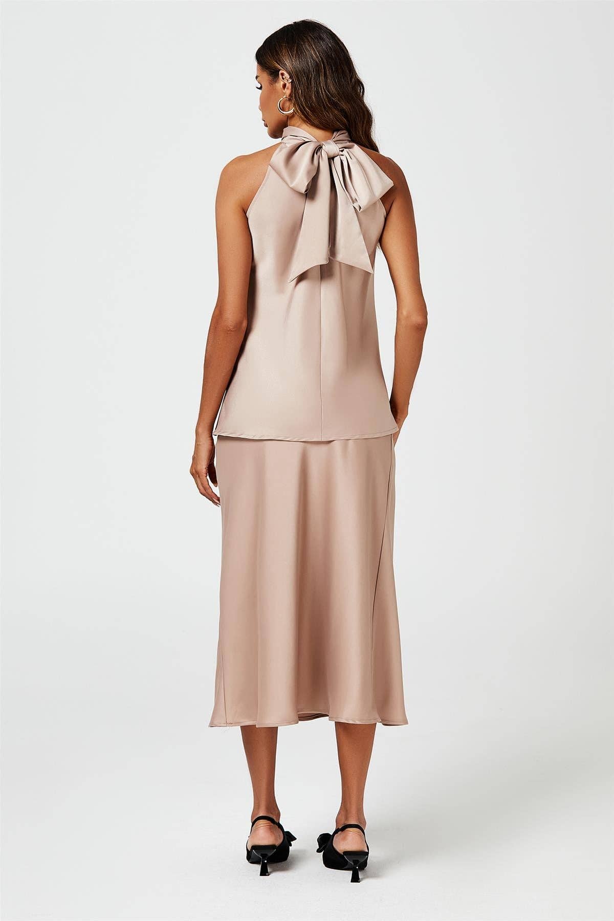 Satin Halter Neck Tie Back Top In Light Brown for wholesale on Faire5
