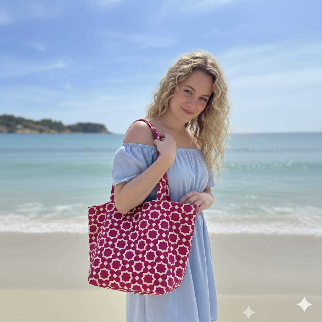 craftberber - Wholesale Tote Bag - Women's - Handmade Moroccan Brocade Tote – Pink & Gold Pattern4