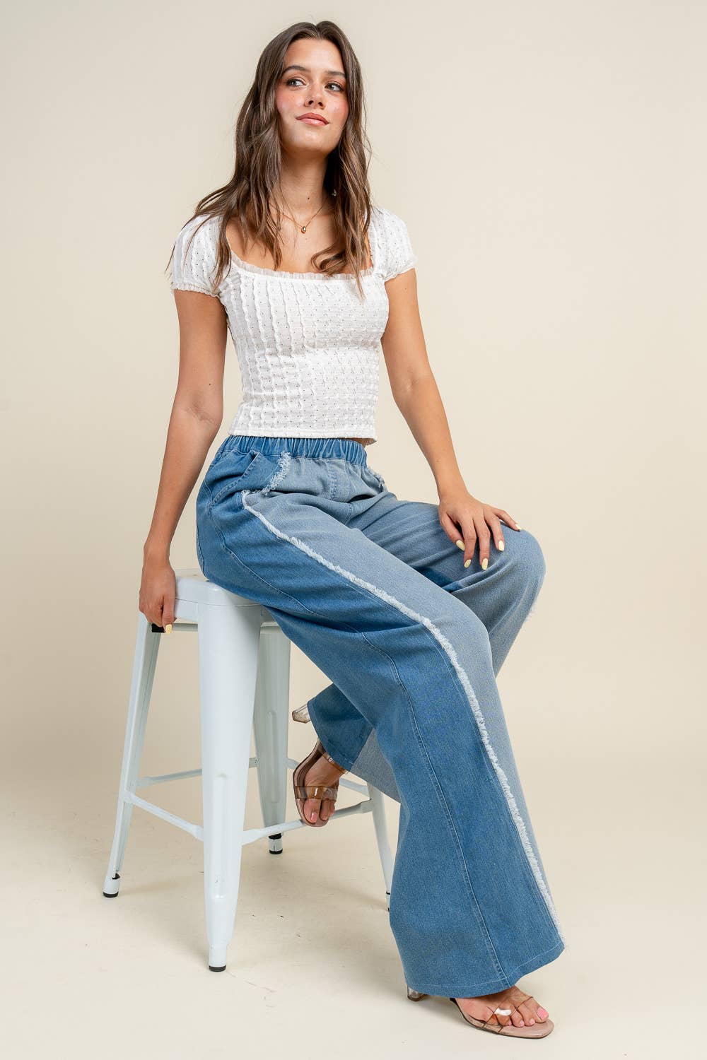 LIGHT INDIGO BP4837N / DENIM COLOR BLOCK WIDE LEG PANTS W/FRAY EDGE
 for wholesale on Faire5