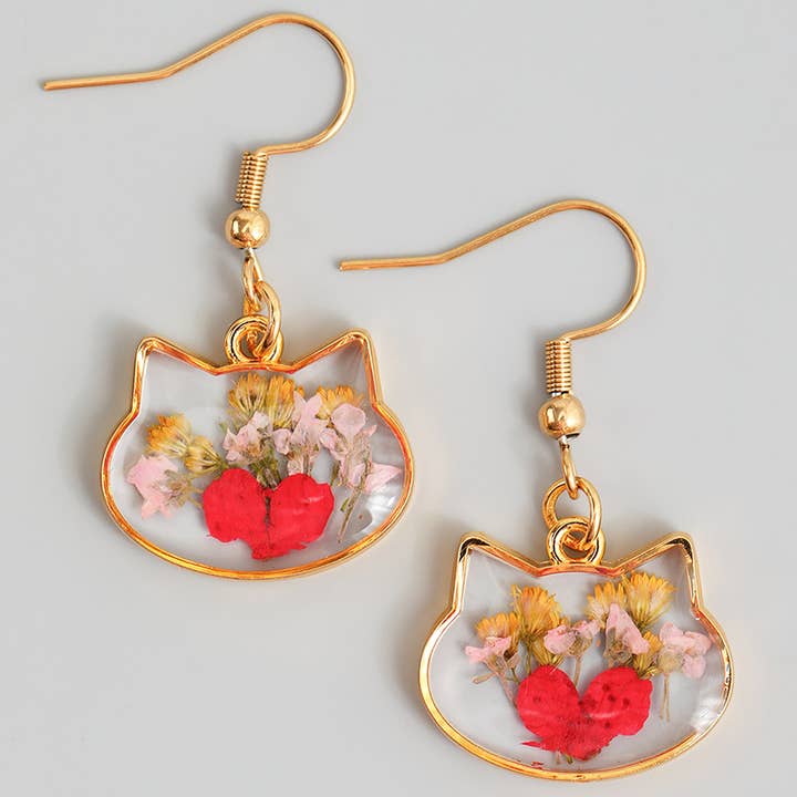 Girly - Wholesale Dangle Earrings - PRESSED FLOWER CAT DROP EARRINGS4