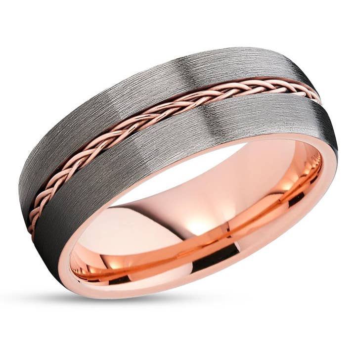 Rose Gold Tungsten Wedding Band - Braid Ring - Gunmetal Gray - Tungsten Wedding Ring for wholesale by Lucky Love Rings