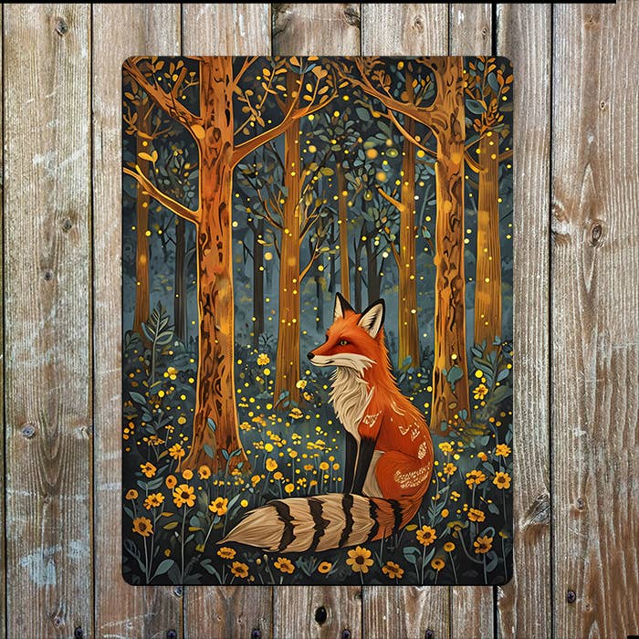The British Metal Signs Company – wholesale Sign – Night Forest Scene Fox Among Flowers  Metal Sign Plaque0
