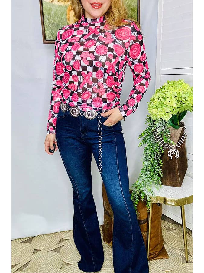 luluclothes - Wholesale Blouse - Women's - Women's western pink jewels & checkered sheer top XCH16107