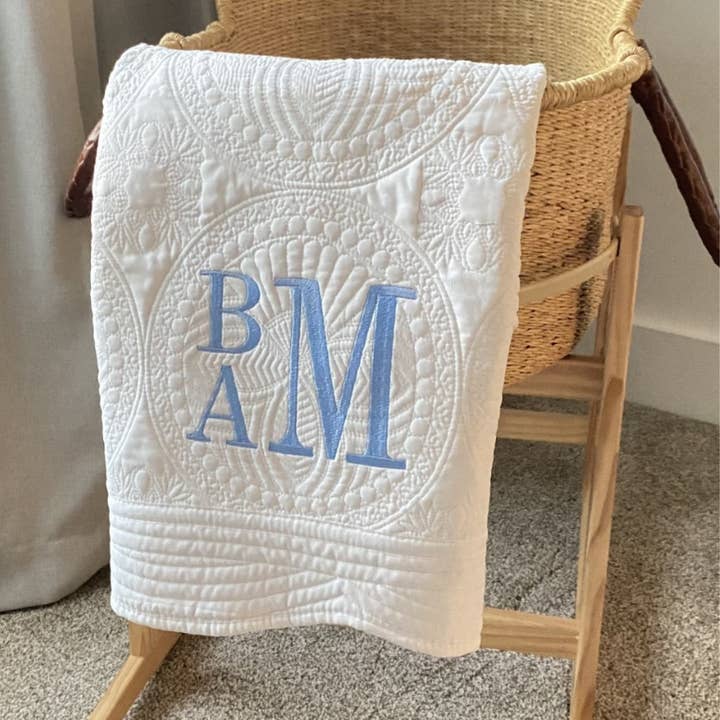 Personalized Monogram Baby Quilt Stacked Monogram for wholesale by Creatively Cheryl