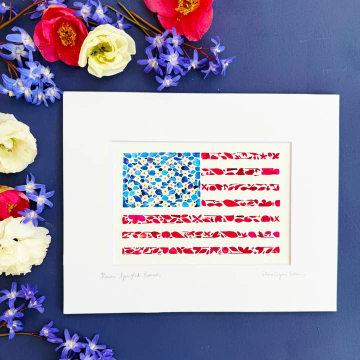 The Flower Spangled Banner signed matted print of USA flag for wholesale by FloreOrganicBotanics