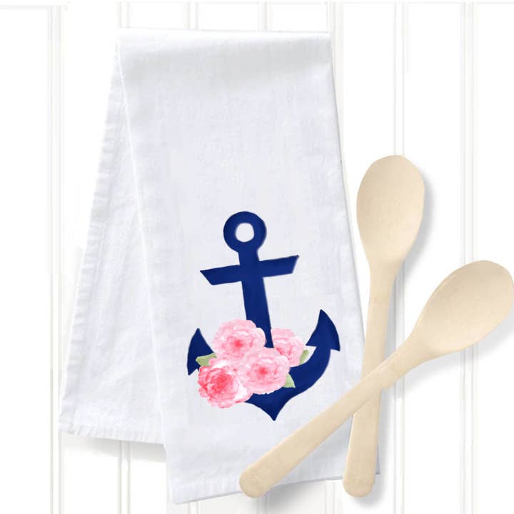 Peachy Pendants - Vente Torchons - Torchon - Ancre avec Pivoines