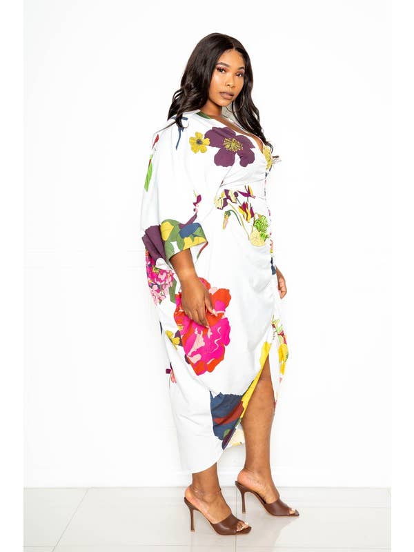 MULTI PRINTED RUCHED KAFTAN DRESS WITH INSIDE WAIST TIE for wholesale on Faire