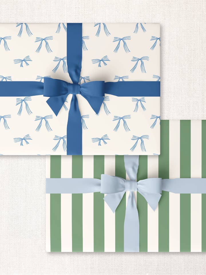 roll of 3: blue bows + lawn cabana stripe double-sided wrap for wholesale by Urbanic Goods