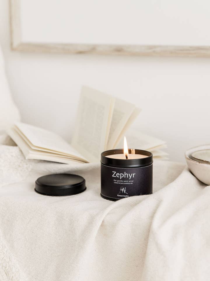 Elements Range - Zephyr Essential Oil Candle 200g black Tin for wholesale by Purbeck Candles