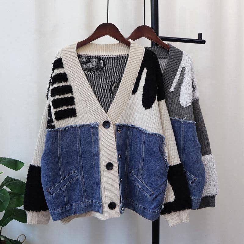 Productseeker - Wholesale Knit Top - Women's - JK104 Patchwork Denim Knitted Cardigan Sweater Jacket12