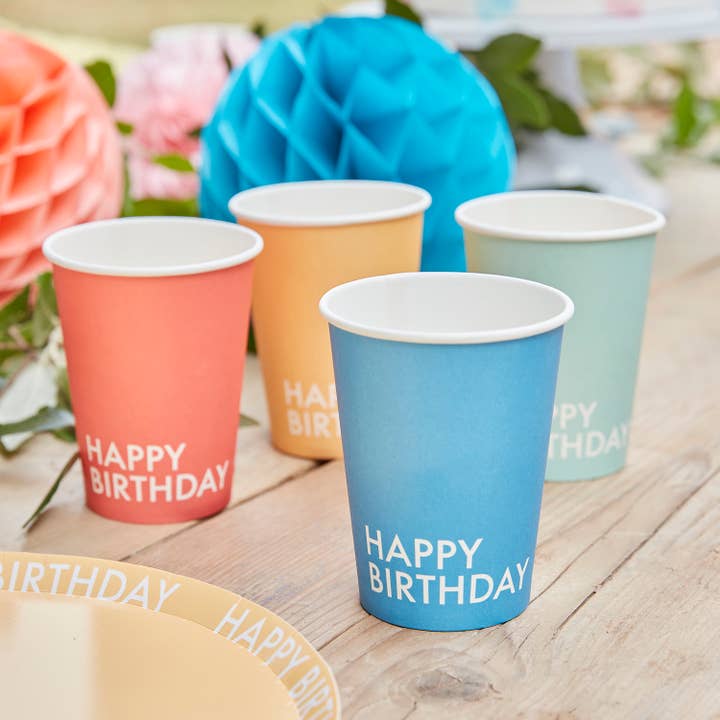 Eco Paper Cups - Happy Birthday - Mixed Colours for wholesale by Ginger Ray