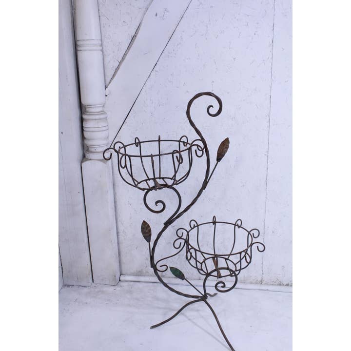 Garden Iron And More - Wholesale Outdoor Ornament/Decor - Wrought Iron Twisted Two Tier Basket Stand with Leaves