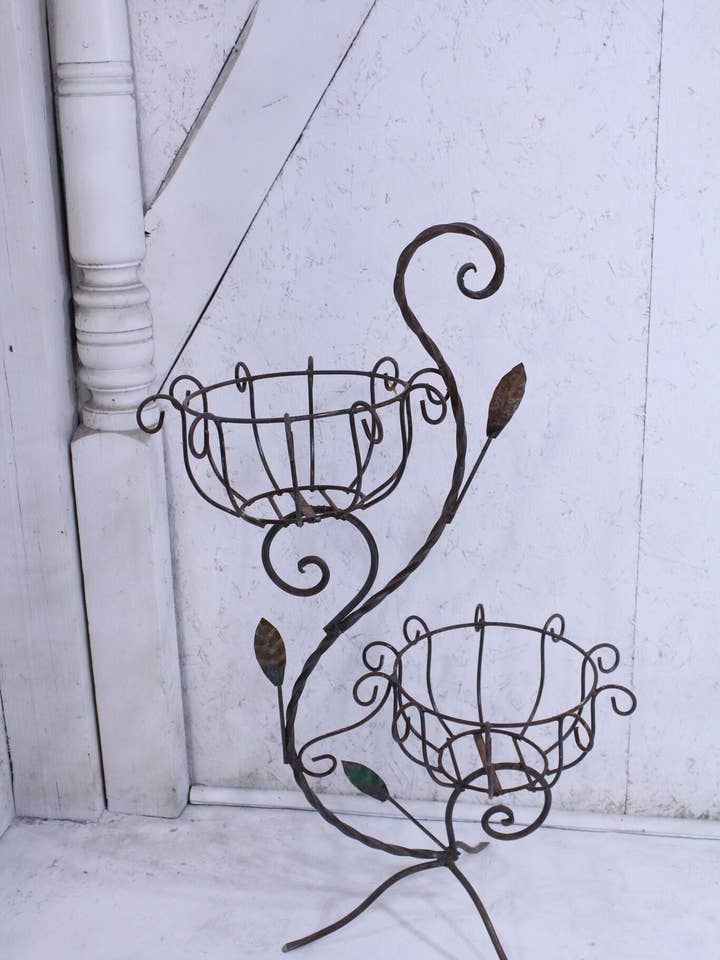 Wrought Iron Twisted Two Tier Basket Stand with Leaves for wholesale by Garden Iron And More