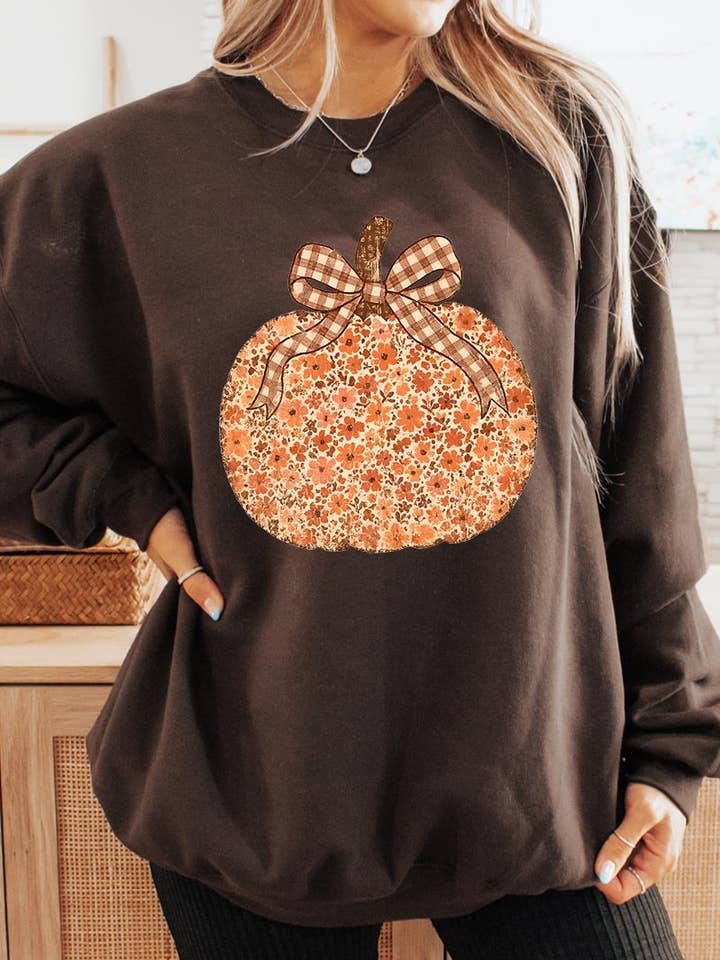 Floral Fall Pumpkin Graphic Plus Sweatshirt for wholesale by Pink Irene Wholesale