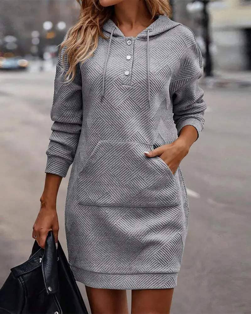 GRIS robe décontractée texturée à capuche avec poche en vente sur Faire0