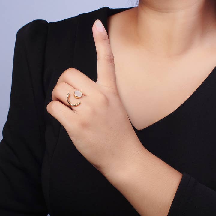 Aim Eternal - Wholesale Single Stone/Solitaire Ring - Geometric Crescent Round Shell Pearl Adjustable Gold Ring1