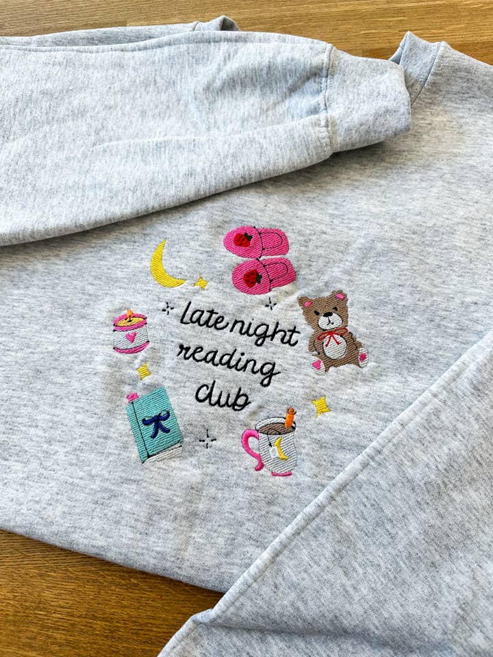 Late Night Reading Club Embroidered Crewneck for wholesale by Pop Cultur'd Co.