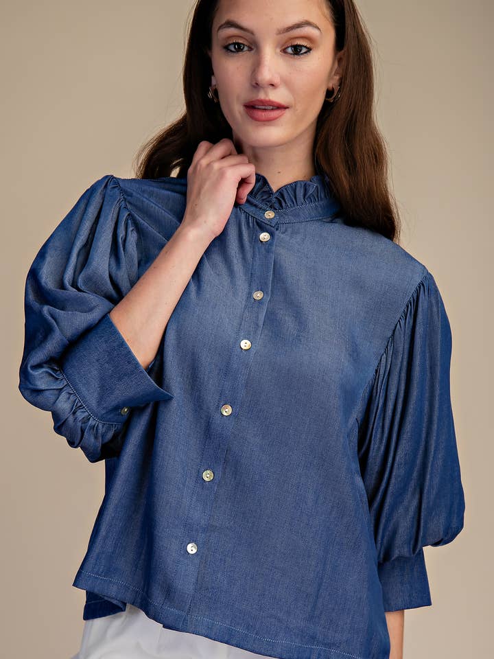 Ruffle Neck Puff Sleeve Blouse for wholesale by Glam