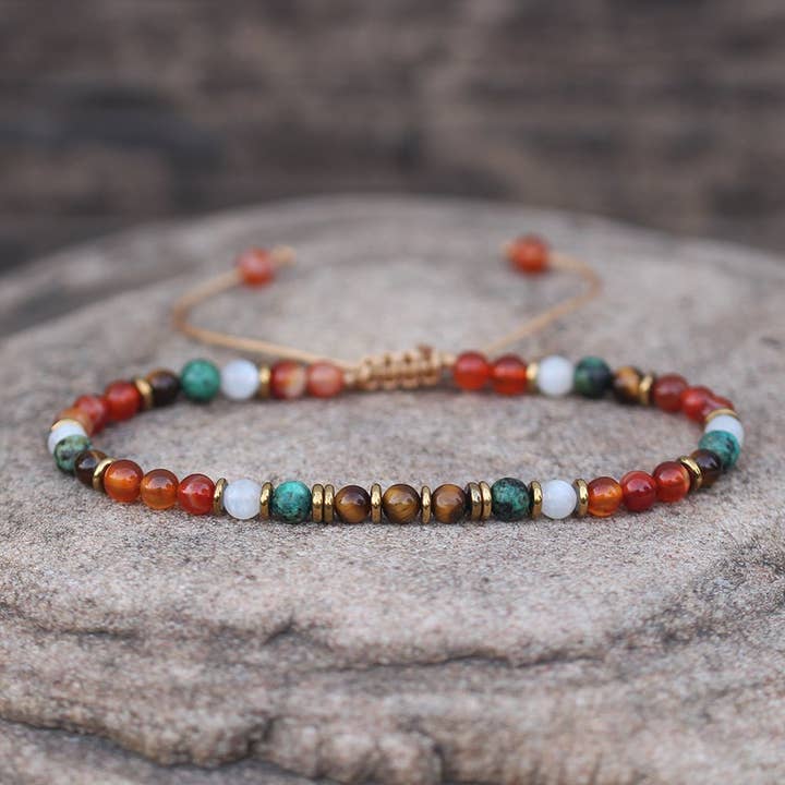 Carneool Tijgeroog Maansteen Afrikaanse Turkoois 4mm ronde kralen Verstelbare Armband, Tibetaans, Yoga, Boho, Etnisch, bescherming, intuïtie voor wholesale door LND Bands