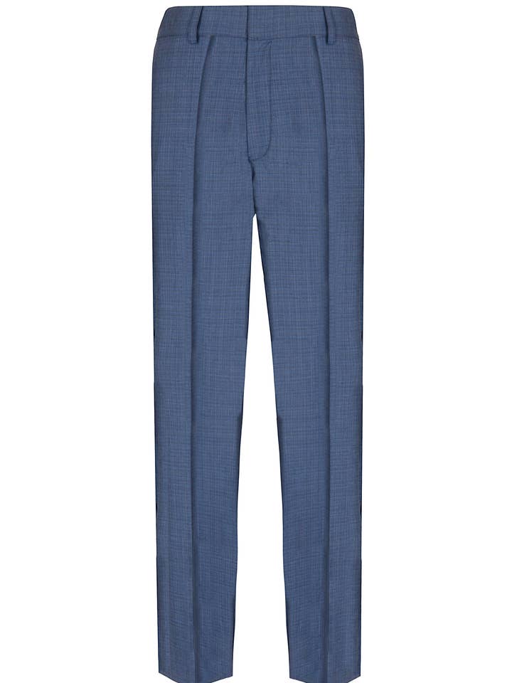 Raka byxor med pressveck i blått och svart vävt ulltyg för wholesale av Eyelet Milano